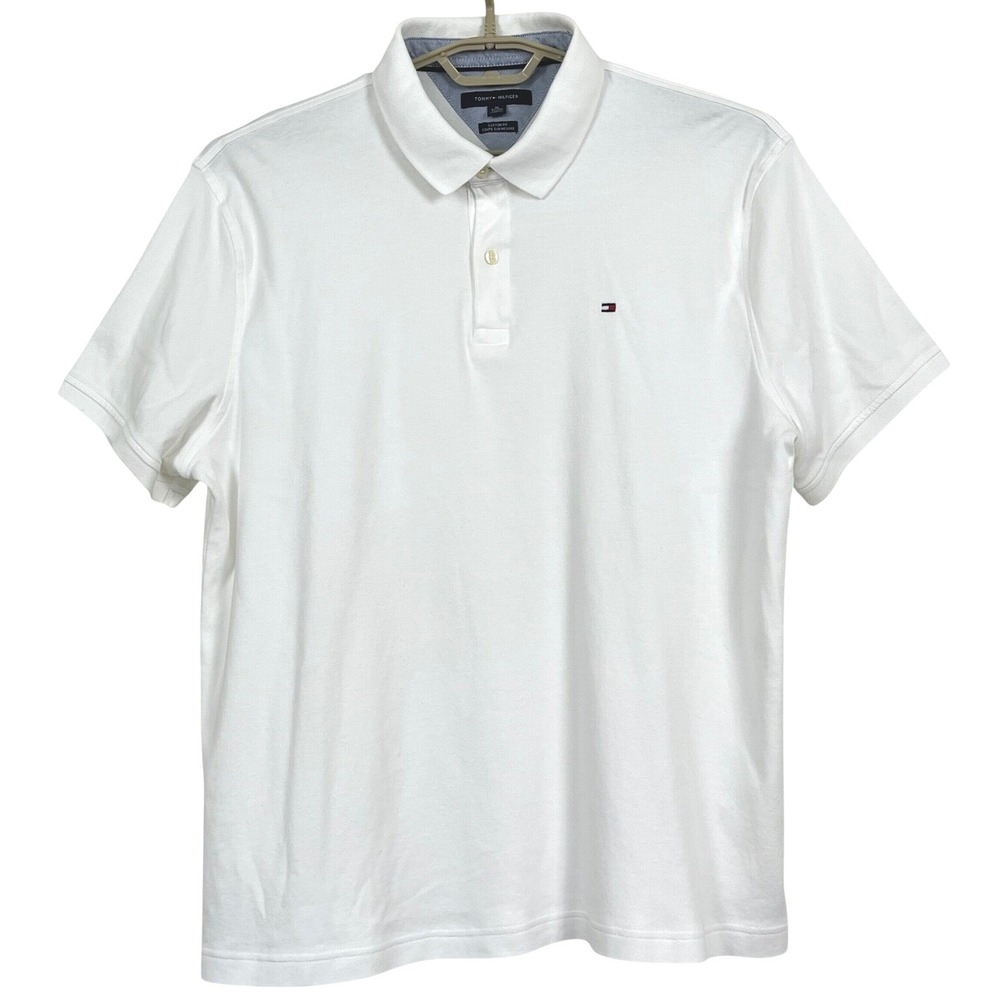 Tommy Hilfiger Mens Polo Shirt XL White Custom Fit Cotton Short Sleeve Flag Logo
